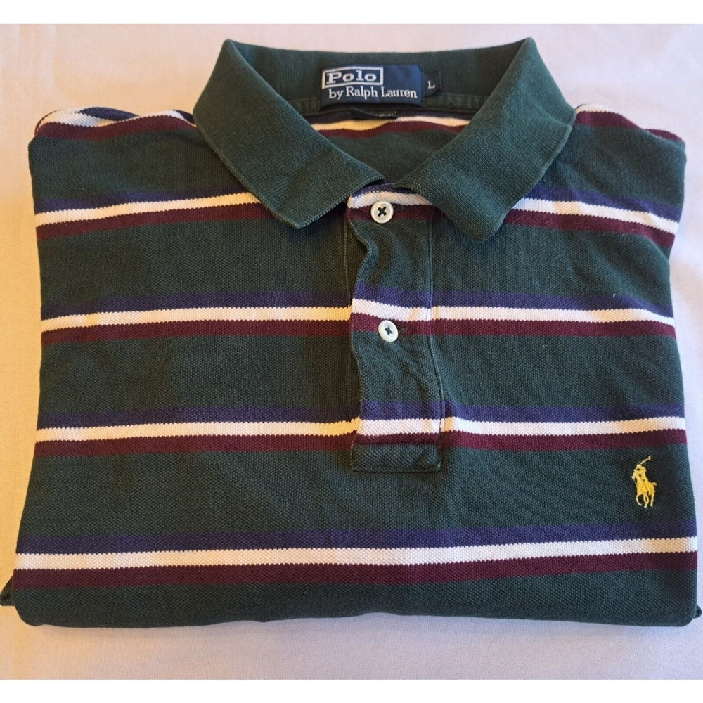 VTG‎ Ralph Lauren Polo Shirt Mens L Green Burgundy Striped 90s Pony Short Sleeve